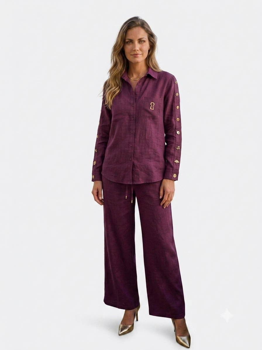 Schiaparelli-Inspired Burgundy Linen Set