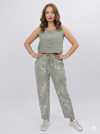 Soft Italian Linen Trousers with Silver Print