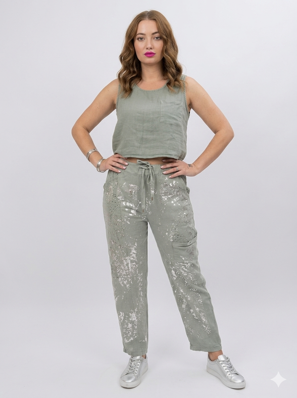 Soft Italian Linen Trousers with Silver Print