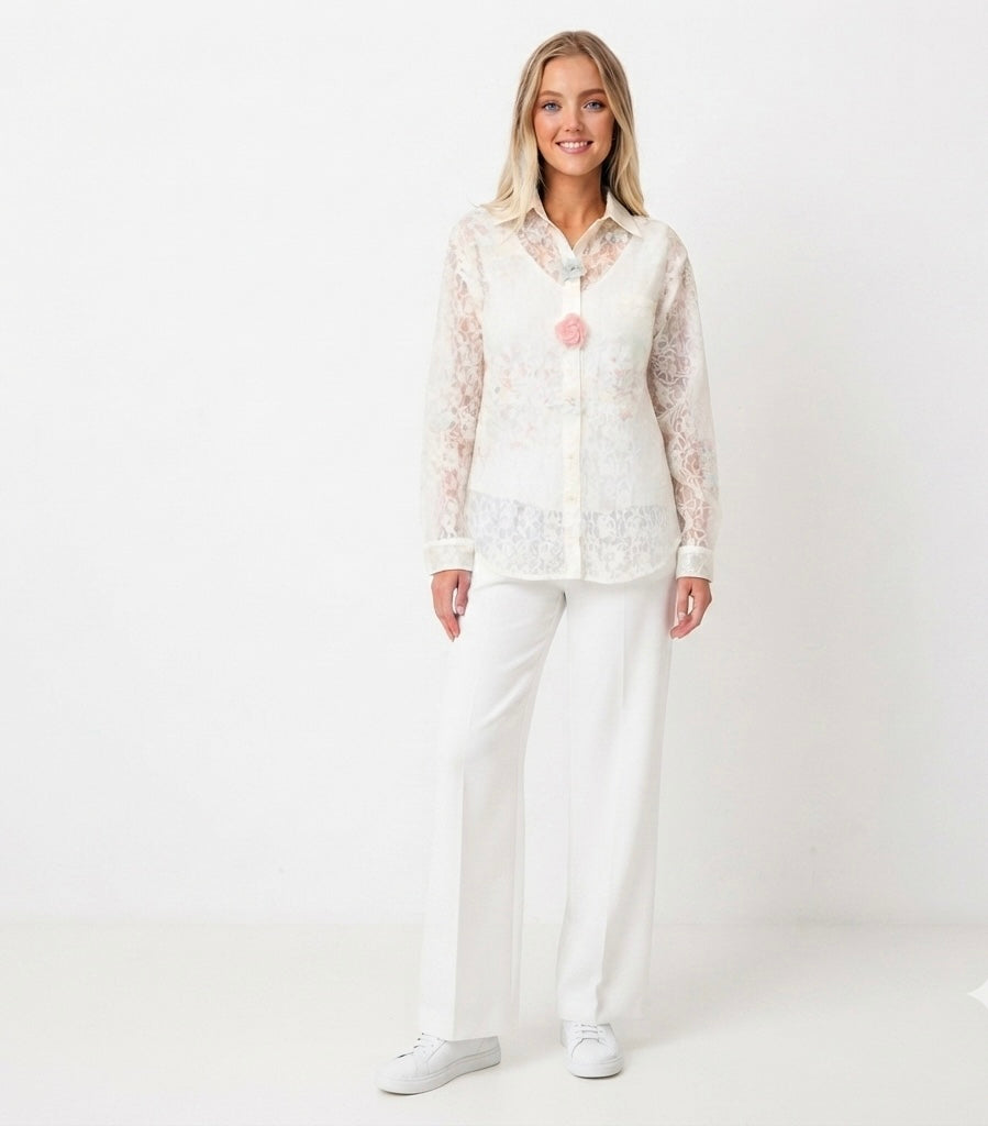 Elegant French Floral Mesh Blouse