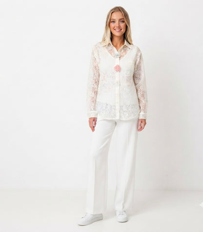Elegant French Floral Mesh Blouse