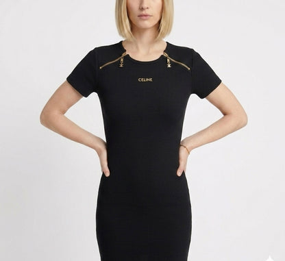 Celine Gold-Accented Ribbed Midi Dress