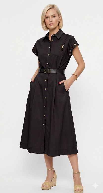 Saint Laurent Paris: Elegant Black Safari Midi Dress with YSL Gold-Tone Hardware