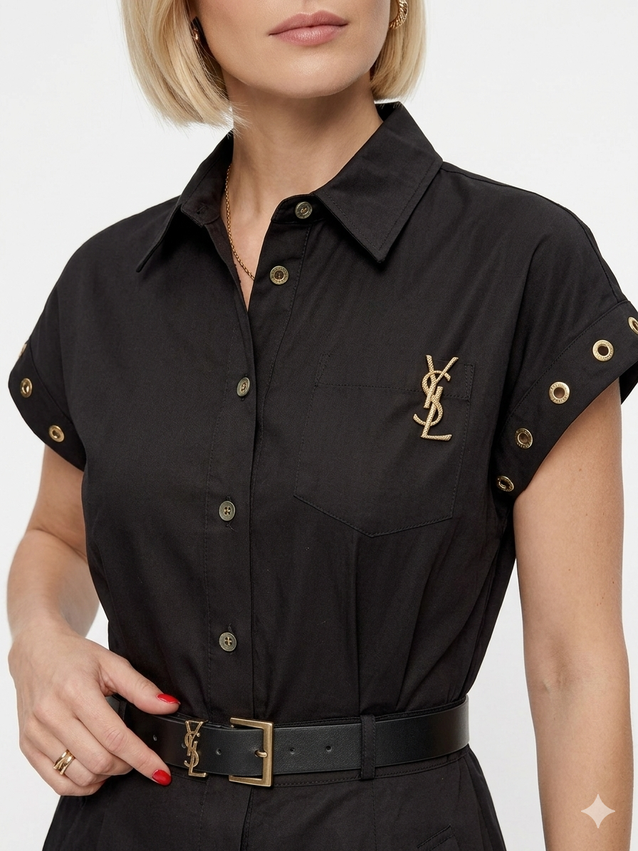 Saint Laurent Paris: Elegant Black Safari Midi Dress with YSL Gold-Tone Hardware