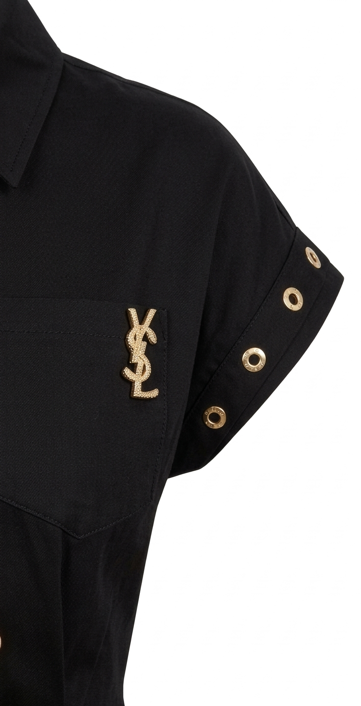 Saint Laurent Paris: Elegant Black Safari Midi Dress with YSL Gold-Tone Hardware