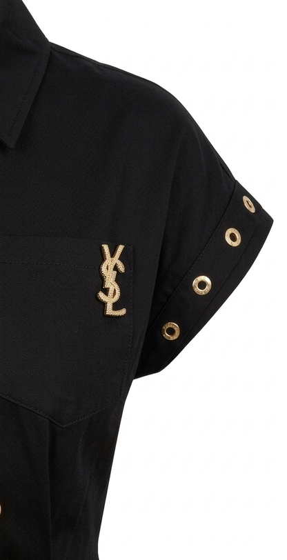 Saint Laurent Paris: Elegant Black Safari Midi Dress with YSL Gold-Tone Hardware