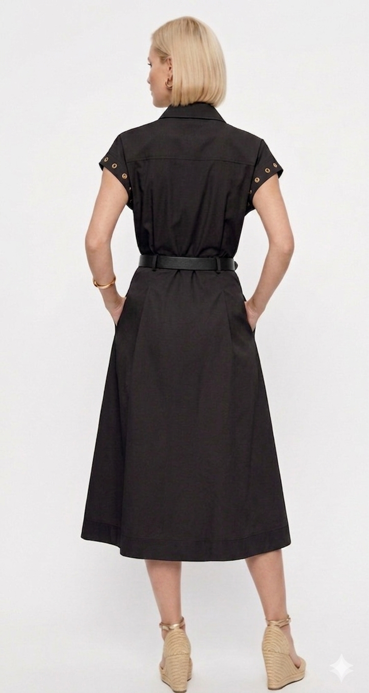 Saint Laurent Paris: Elegant Black Safari Midi Dress with YSL Gold-Tone Hardware