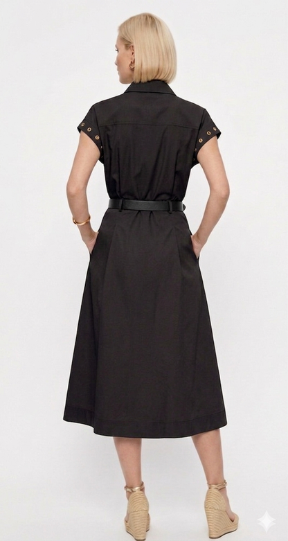 Saint Laurent Paris: Elegant Black Safari Midi Dress with YSL Gold-Tone Hardware