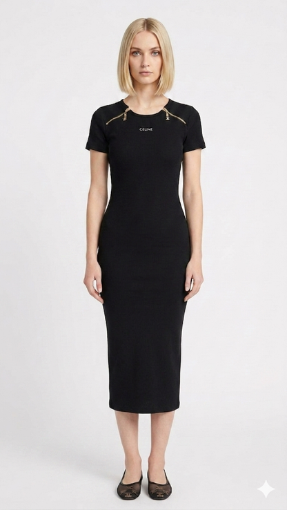 Celine Gold-Accented Ribbed Midi Dress