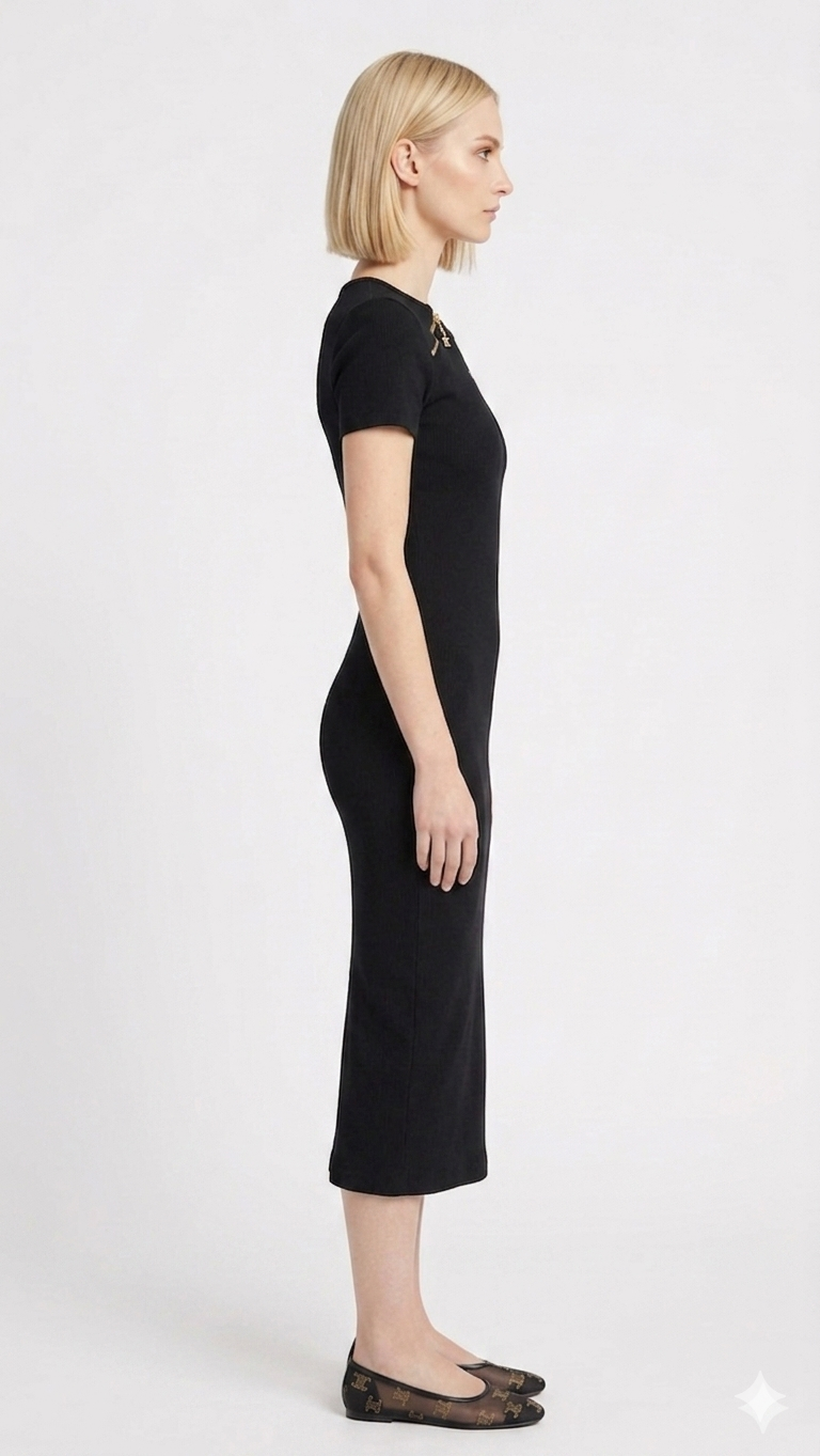 Celine Gold-Accented Ribbed Midi Dress