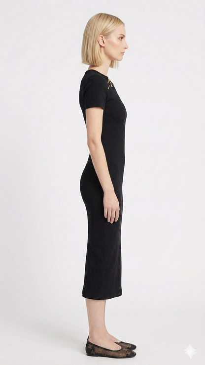 Celine Gold-Accented Ribbed Midi Dress