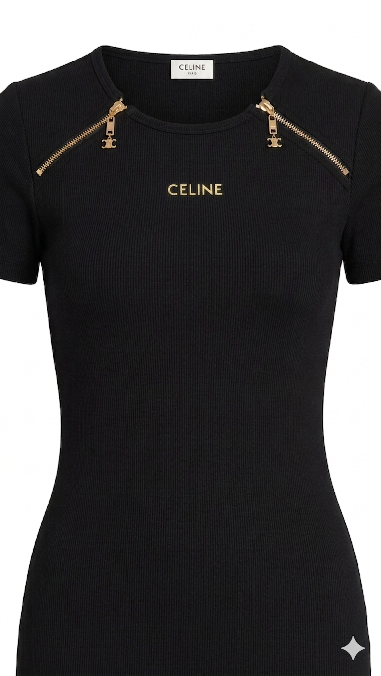 Celine Gold-Accented Ribbed Midi Dress