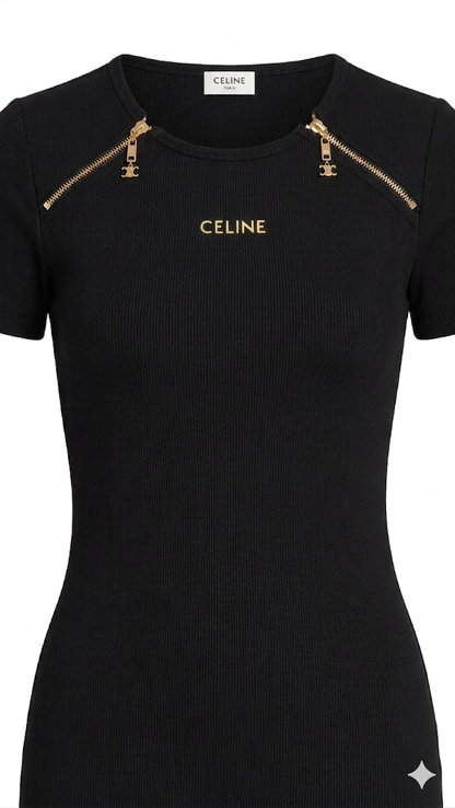 Celine Gold-Accented Ribbed Midi Dress