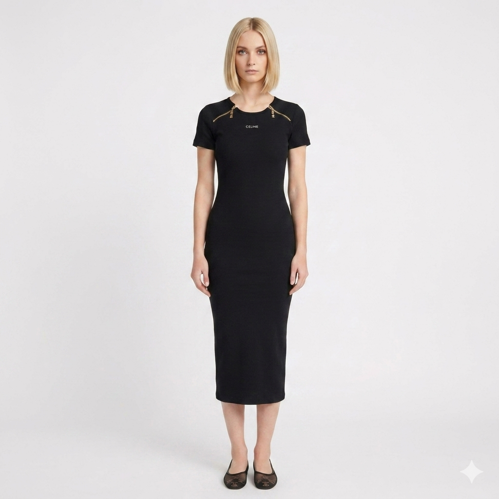 Celine Gold-Accented Ribbed Midi Dress