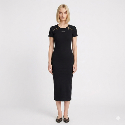 Celine Gold-Accented Ribbed Midi Dress