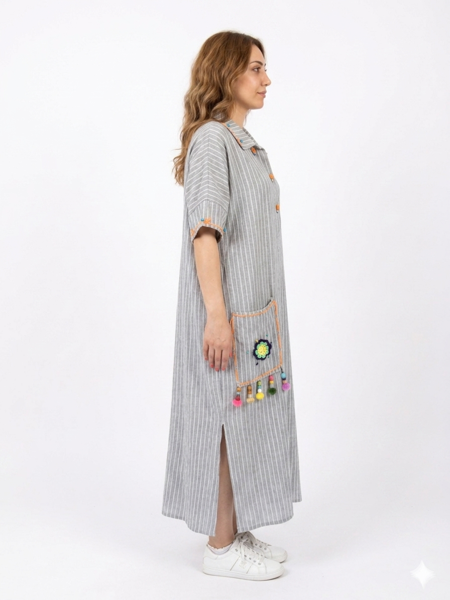 Striped Gray Italian Linen Maxi Dress with Knit Accents