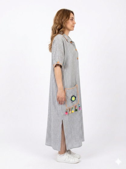 Striped Gray Italian Linen Maxi Dress with Knit Accents