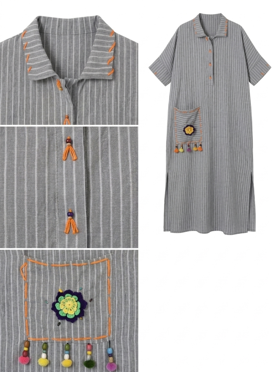 Striped Gray Italian Linen Maxi Dress with Knit Accents