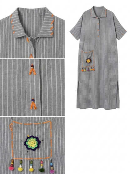 Striped Gray Italian Linen Maxi Dress with Knit Accents