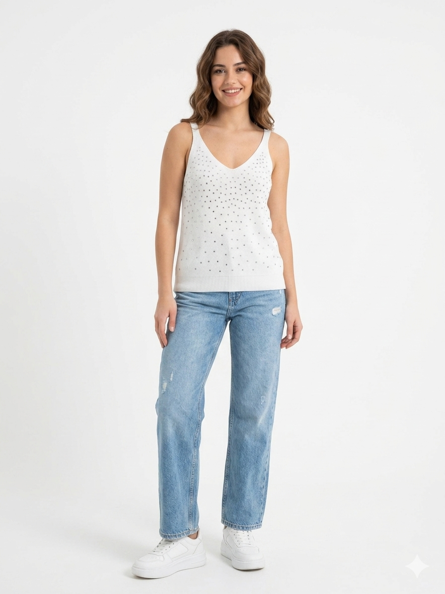 Diamond-Accented Soft Turkish Knit Tank Top