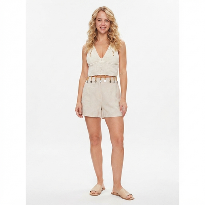 Elegant Turkish Lycra Knit Crop Top with Shell and Bead Embellishments