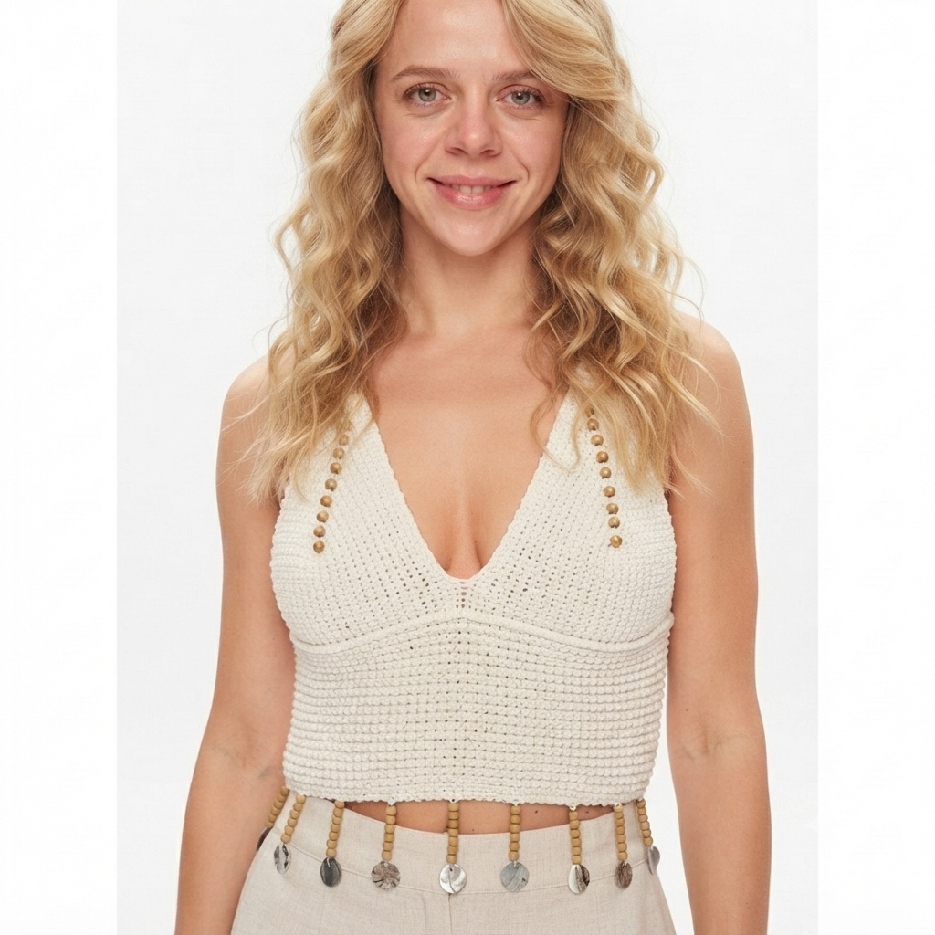 Elegant Turkish Lycra Knit Crop Top with Shell and Bead Embellishments