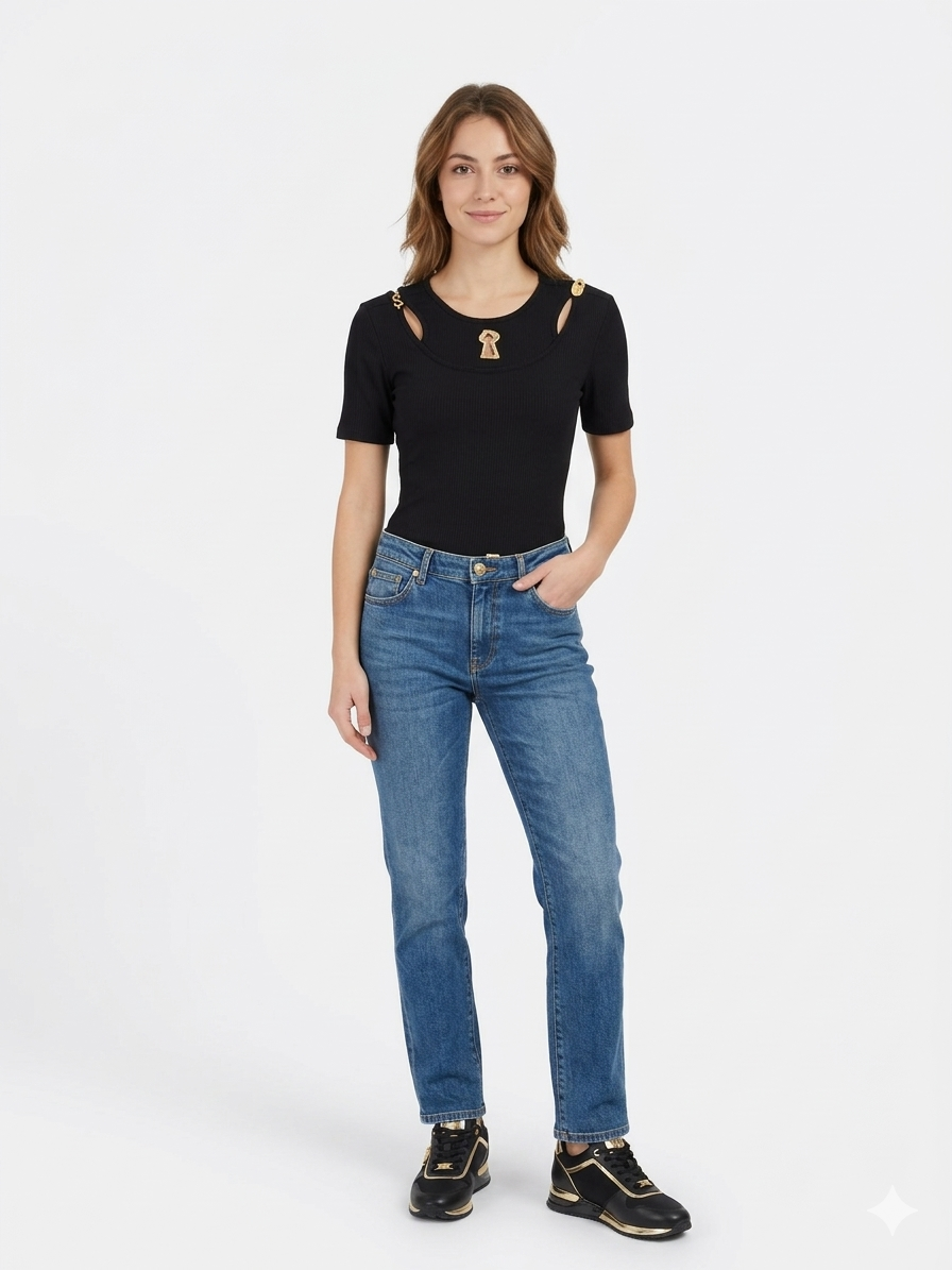 Schiaparelli Inspired Ribbed Top with Mismatched Gold Buttons