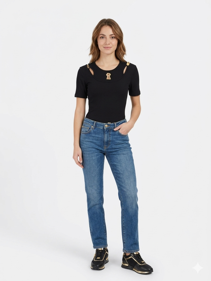 Schiaparelli Inspired Ribbed Top with Mismatched Gold Buttons