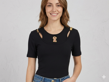 Schiaparelli Inspired Ribbed Top with Mismatched Gold Buttons