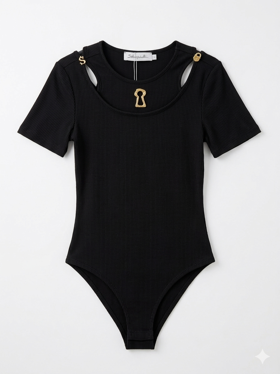 Schiaparelli Inspired Ribbed Top with Mismatched Gold Buttons