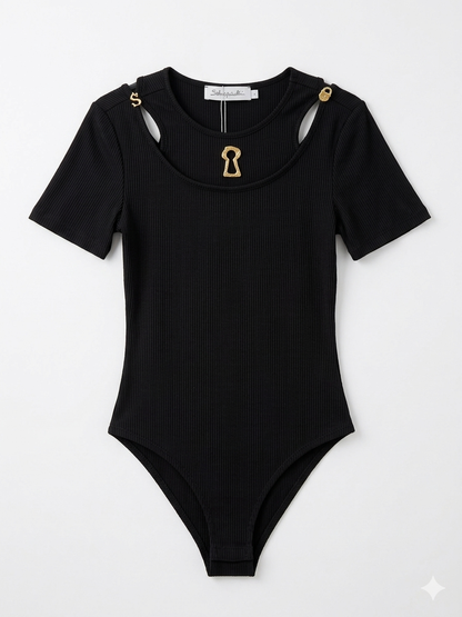 Schiaparelli Inspired Ribbed Top with Mismatched Gold Buttons