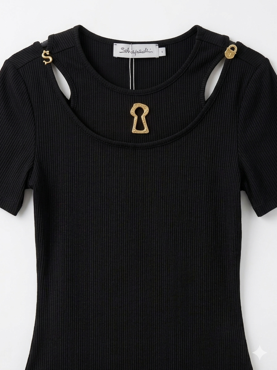 Schiaparelli Inspired Ribbed Top with Mismatched Gold Buttons