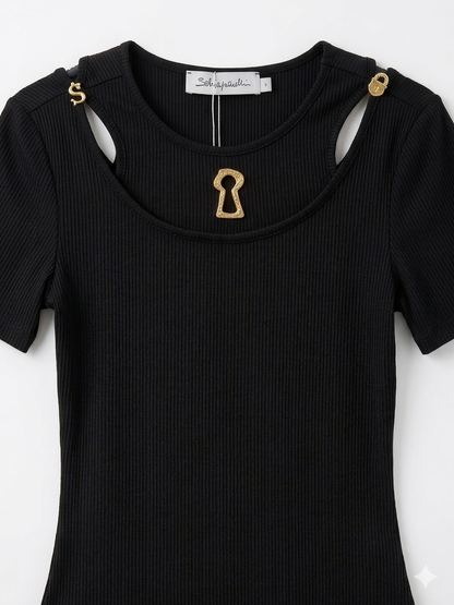 Schiaparelli Inspired Ribbed Top with Mismatched Gold Buttons
