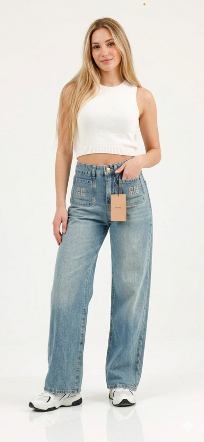 Miu Miu Wide-Leg Glitter Logo Jeans