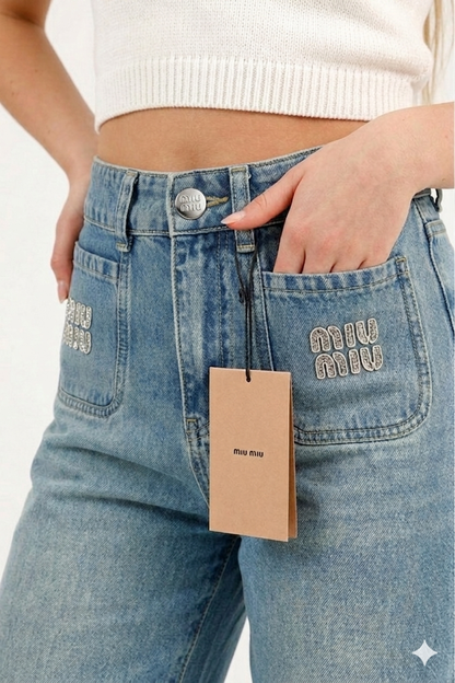 Miu Miu Wide-Leg Glitter Logo Jeans