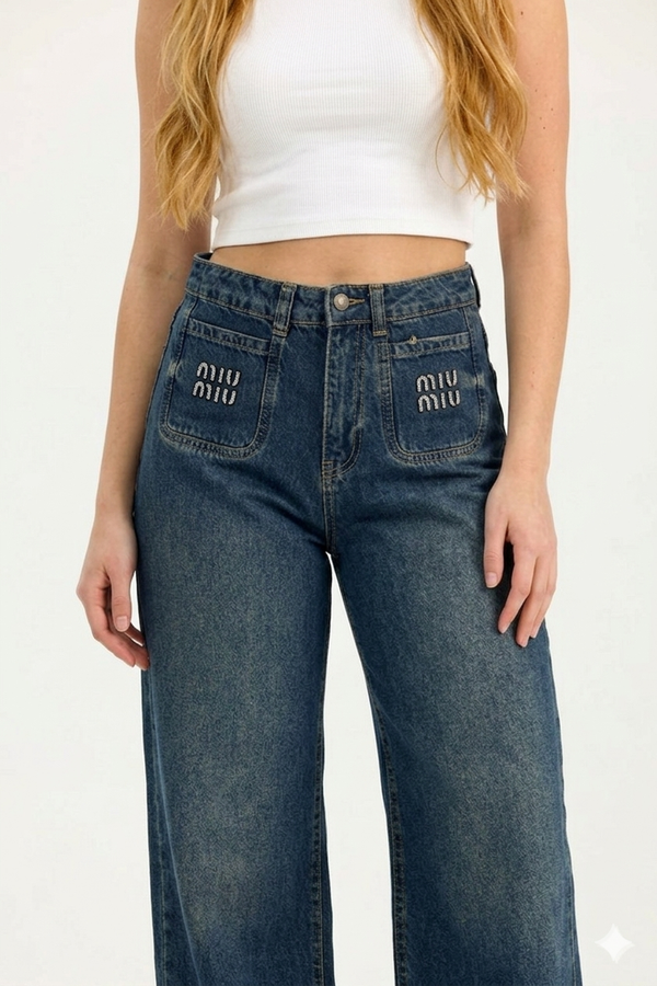 Miu Miu Wide-Leg Glitter Logo Jeans