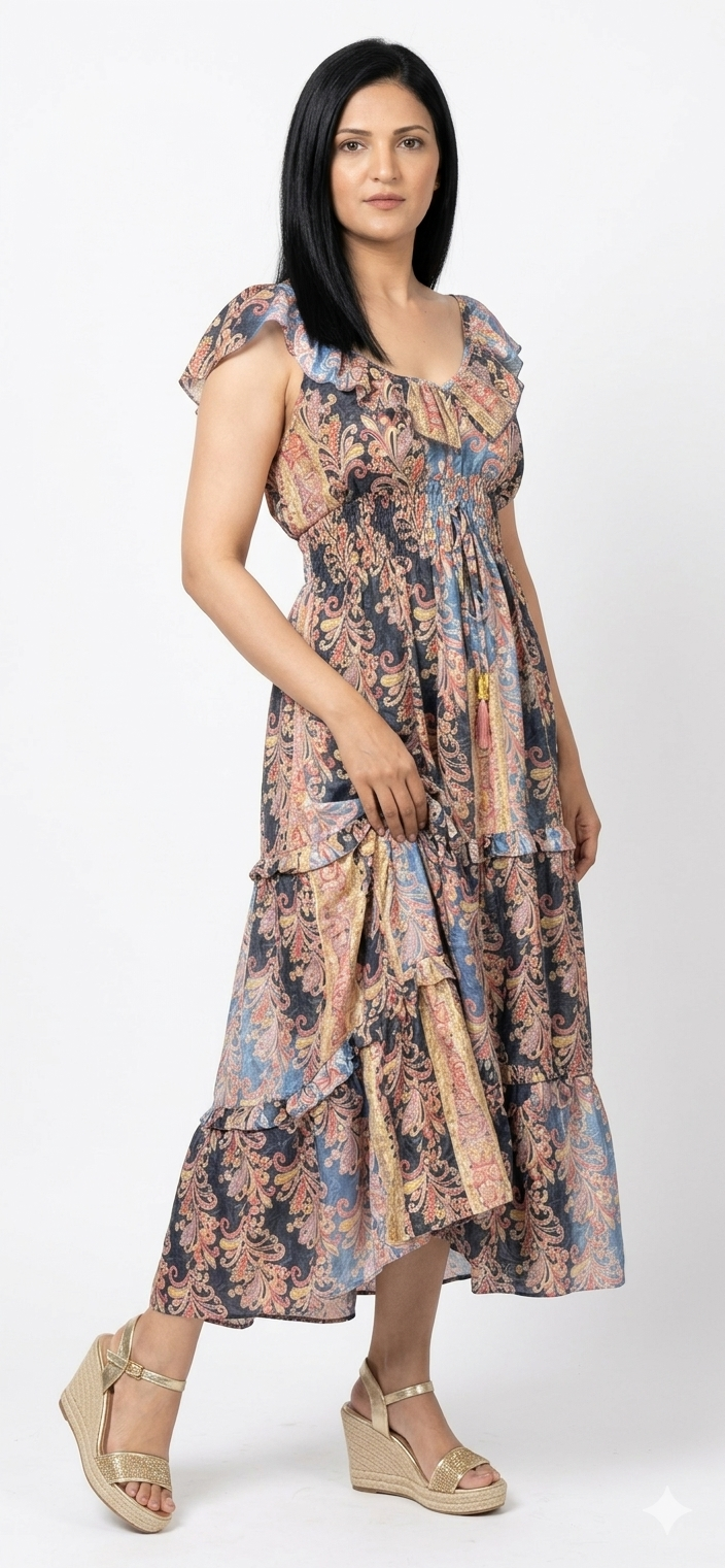 Golden Foil Print High-Low Silk Dress