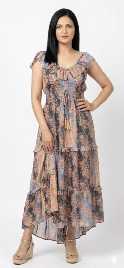 Golden Foil Print High-Low Silk Dress