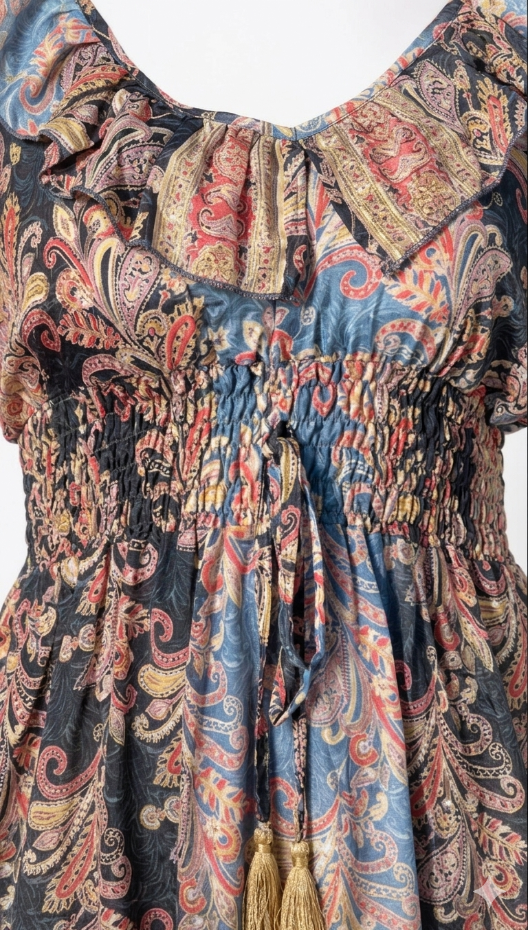 Golden Foil Print High-Low Silk Dress