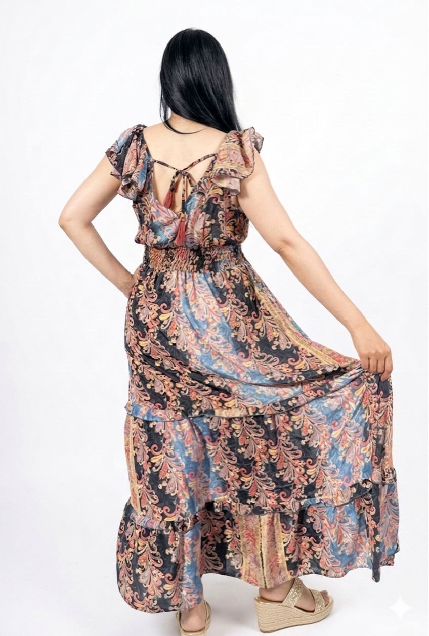 Golden Foil Print High-Low Silk Dress