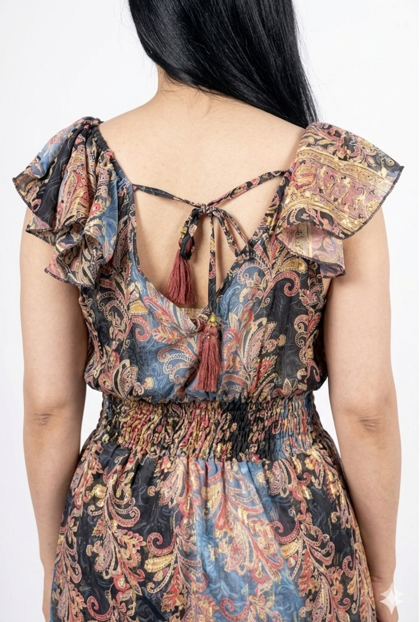 Golden Foil Print High-Low Silk Dress