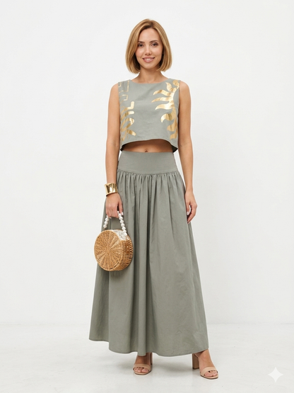 High-Waist Skirt Set with Metallic Foil Art