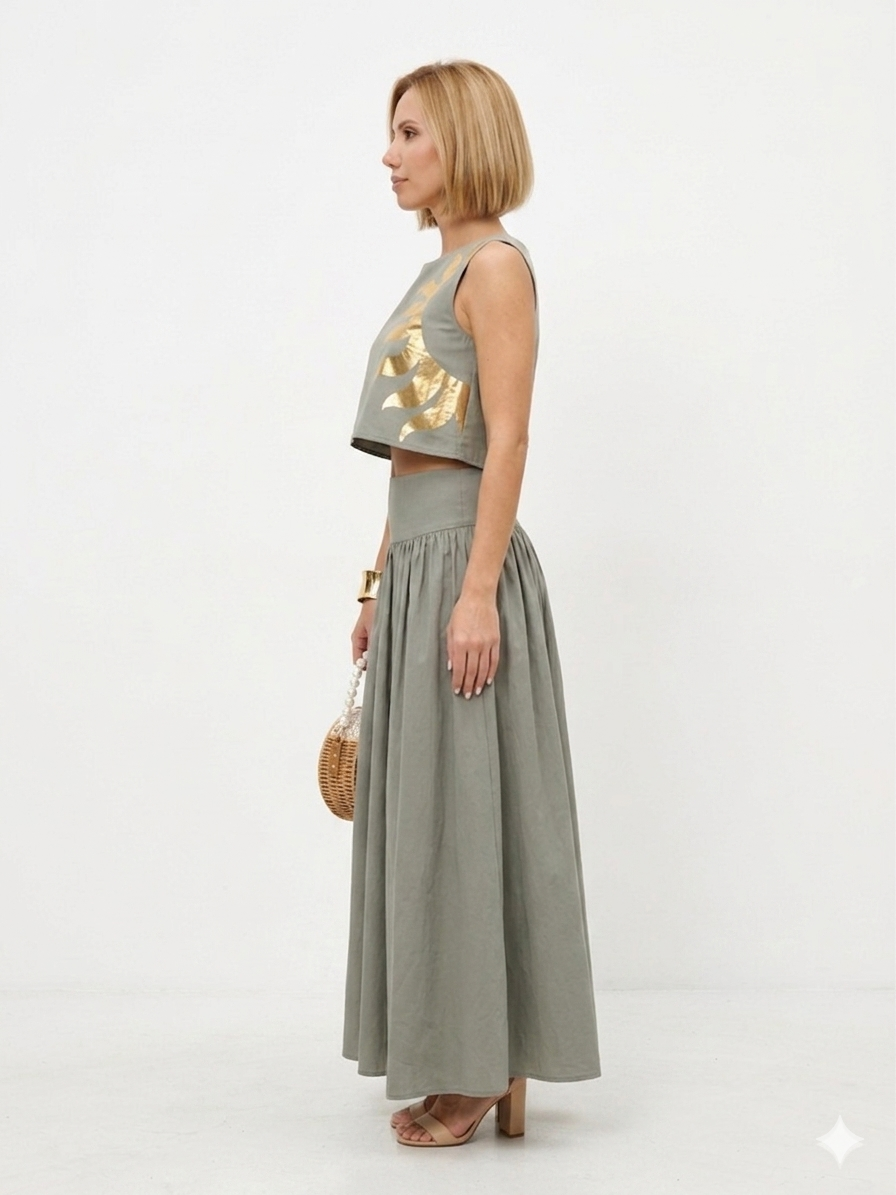 High-Waist Skirt Set with Metallic Foil Art