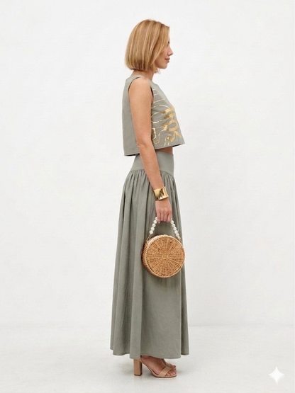 High-Waist Skirt Set with Metallic Foil Art