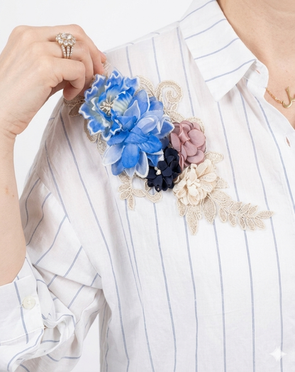 Elegant Italian Striped Cotton Top with 3D Flowers