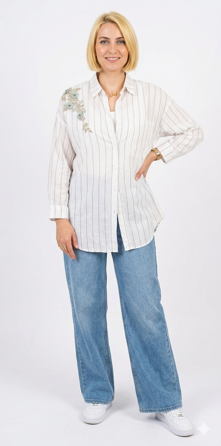 Italian Striped Shirt with Raised Floral Embroidery