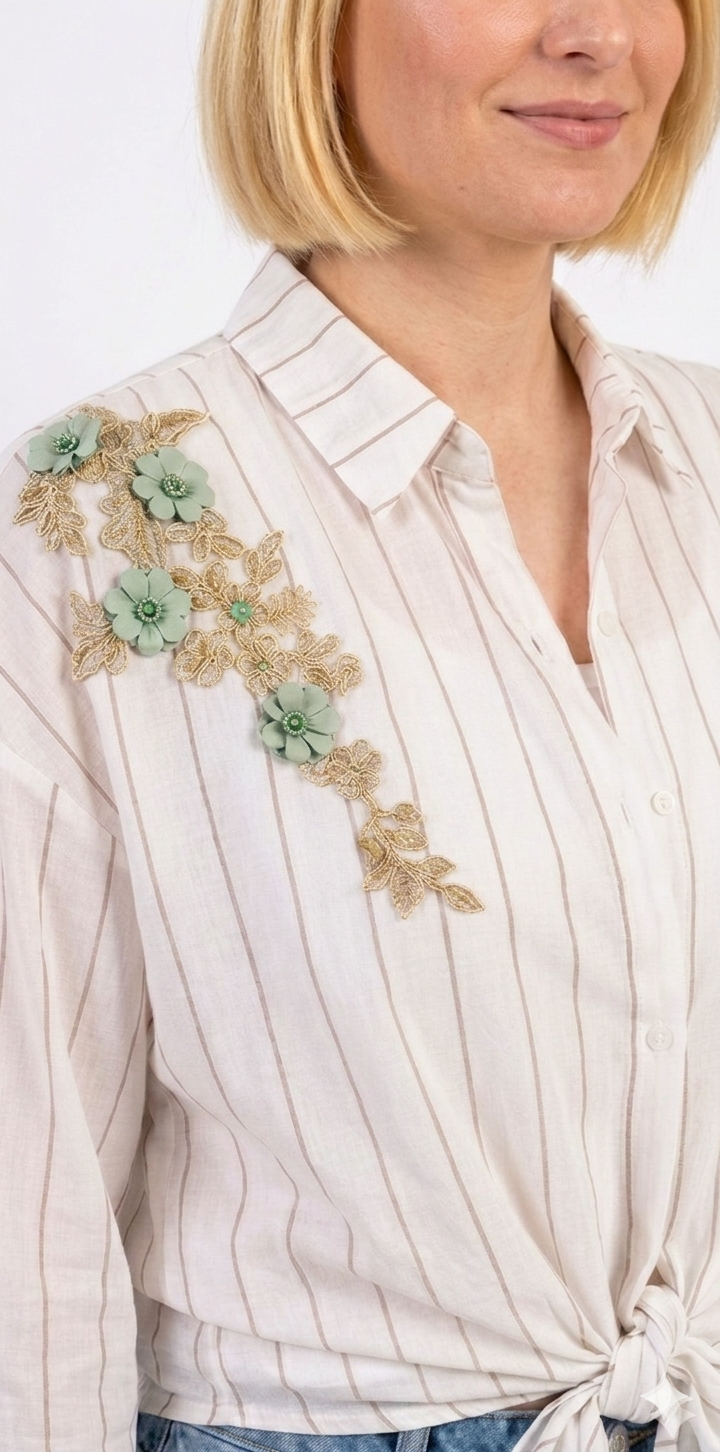 Italian Striped Shirt with Raised Floral Embroidery